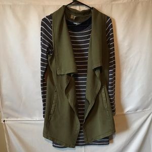 Horizontal stripe dress with detachable green coat